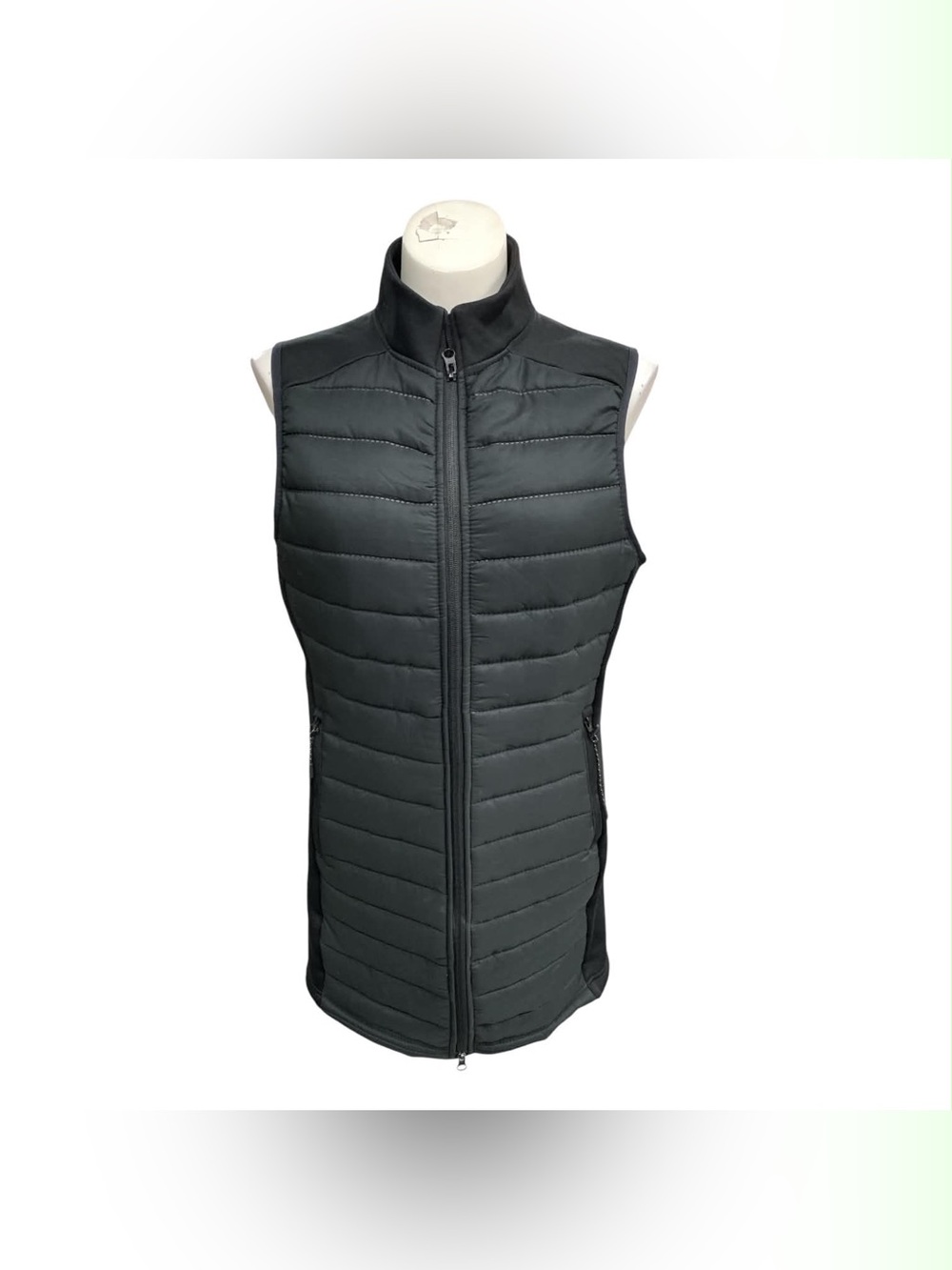 Acx Long Black Quilted Lightweight Vest with Stand Collar Size S